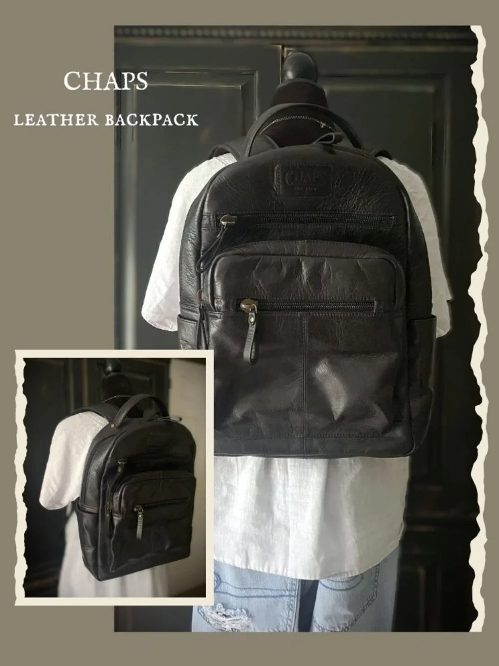 CHAPS Genuine Leather Backpack - Black Multi Pocket Travel Laptop School Bag